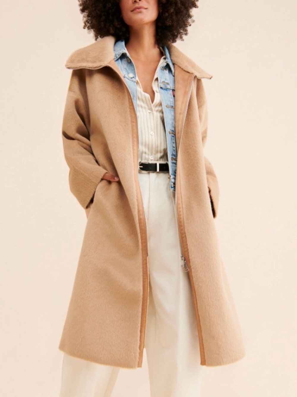Free People Lana Oversized Long Camel Faux Fur Coat Classic Collared Zip R15